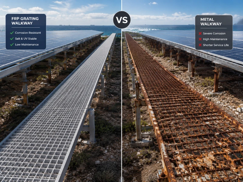 အဘယ်ကြောင့် FRP Grating သည် PV O&M လူသွားစင်္ကြံများအတွက် အကောင်းဆုံးပစ္စည်းဖြစ်သနည်း (FRP Solar Grating vs Metal)